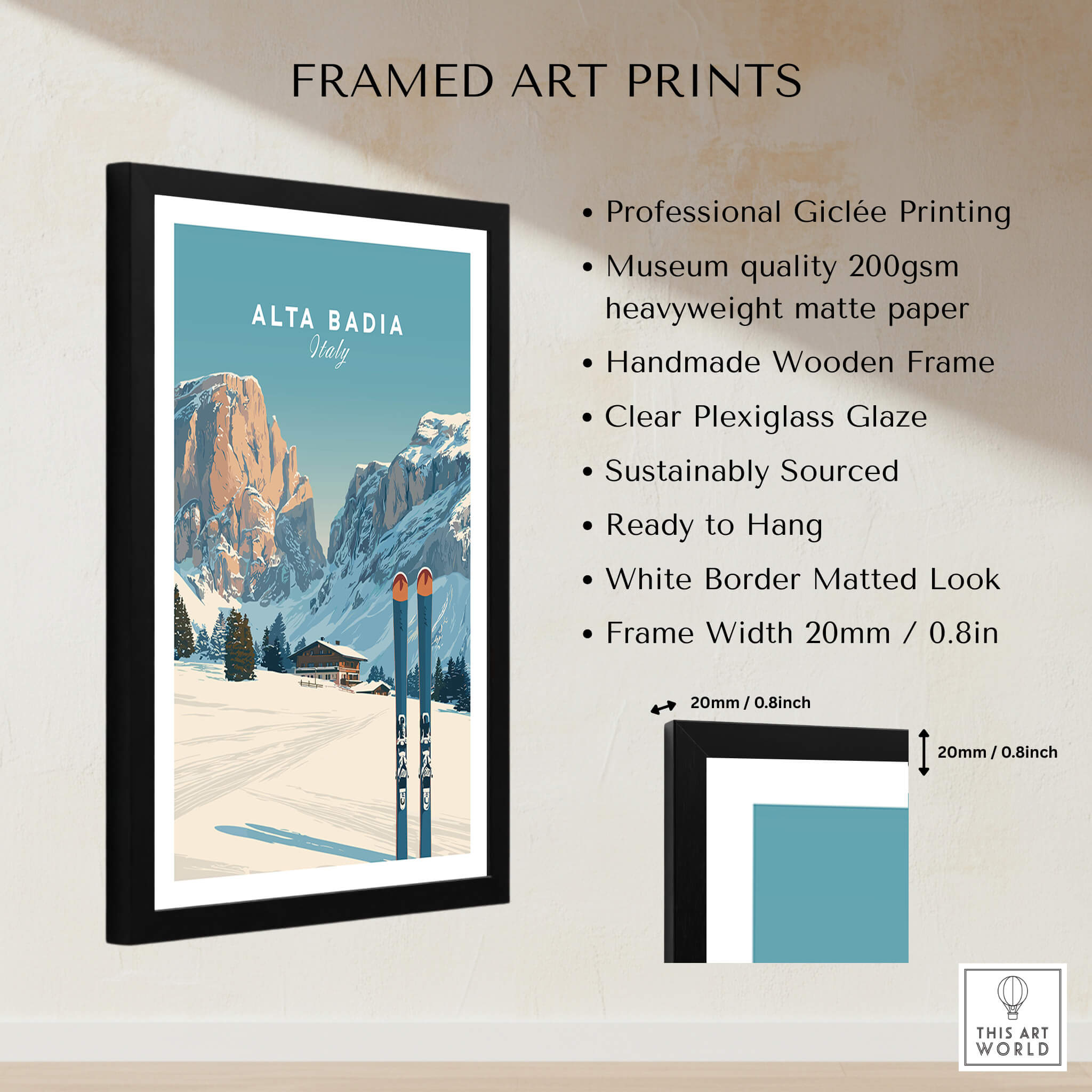 Alta Badia Italy Ski Resort Print - Dolomites Skiing Poster in a framed artwork display.