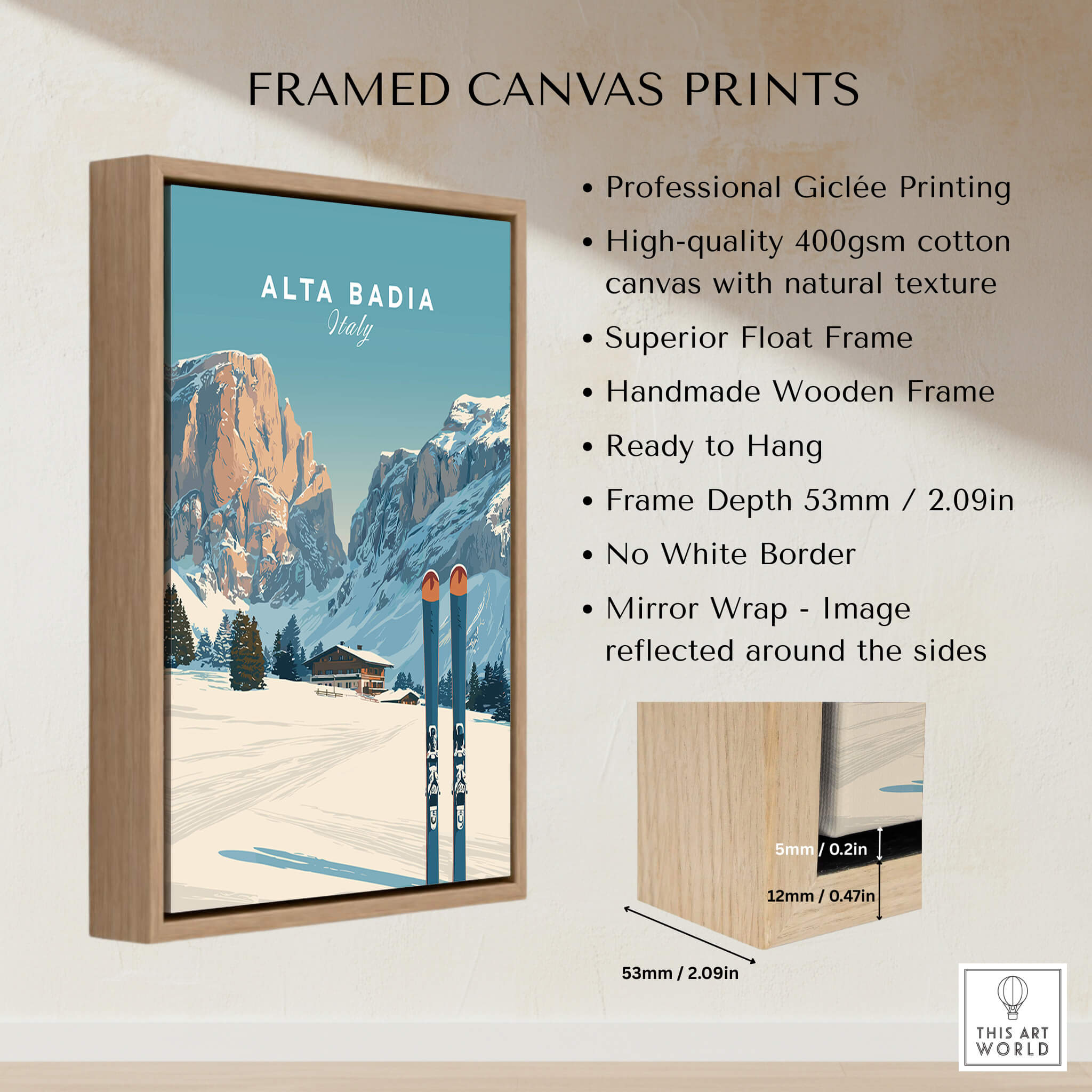 Alta Badia Italy Ski Resort Print - Dolomites Skiing Poster framed canvas print featuring professional giclée printing.