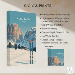 Alta Badia Italy Ski Resort Print - Dolomites Skiing Poster showcasing professional giclée printing on canvas.