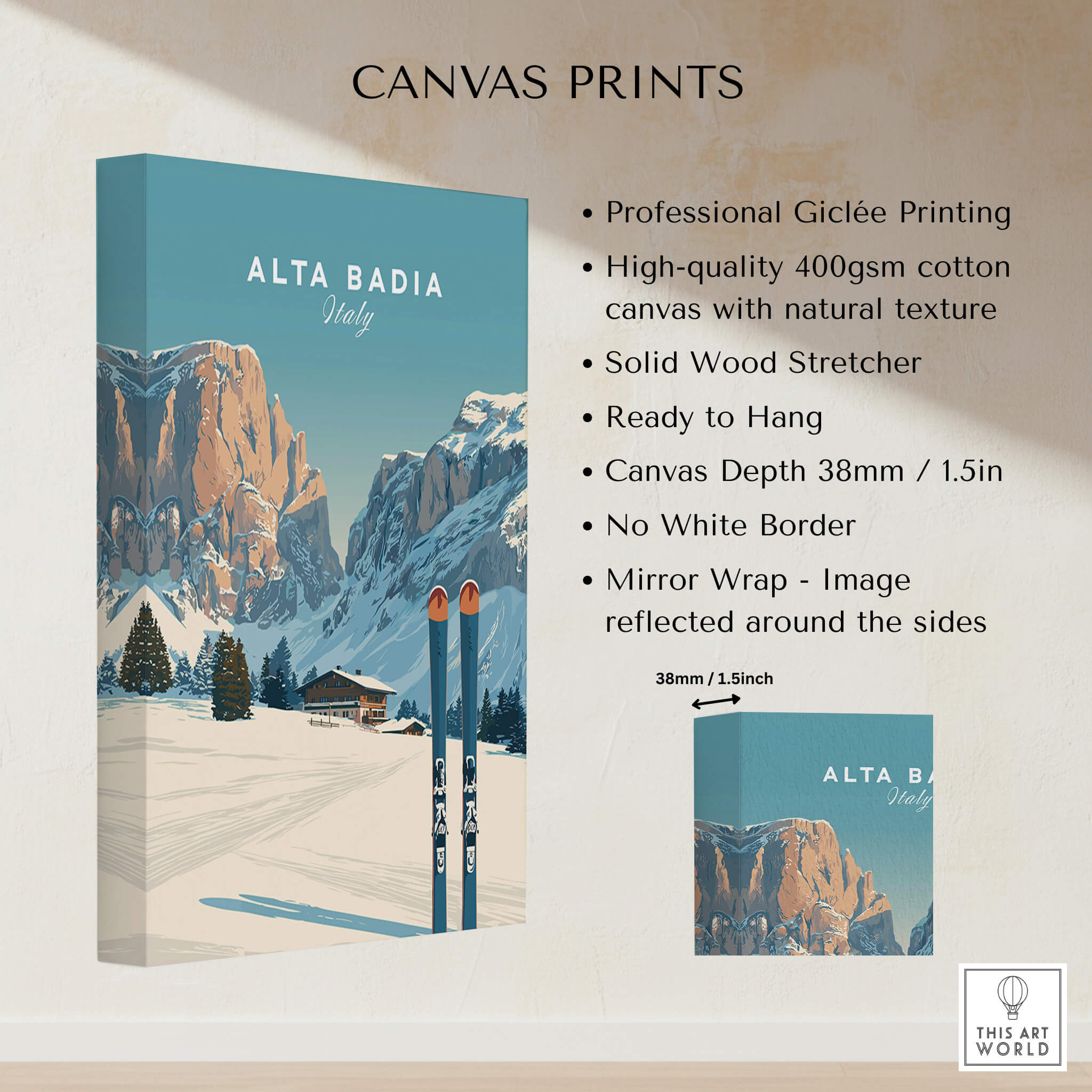 Alta Badia Italy Ski Resort Print - Dolomites Skiing Poster showcasing professional giclée printing on canvas.