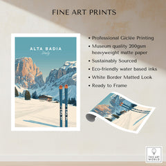 Alta Badia Italy Ski Resort Print - Dolomites Skiing Poster showcasing professional Giclée printing on eco-friendly matte paper.