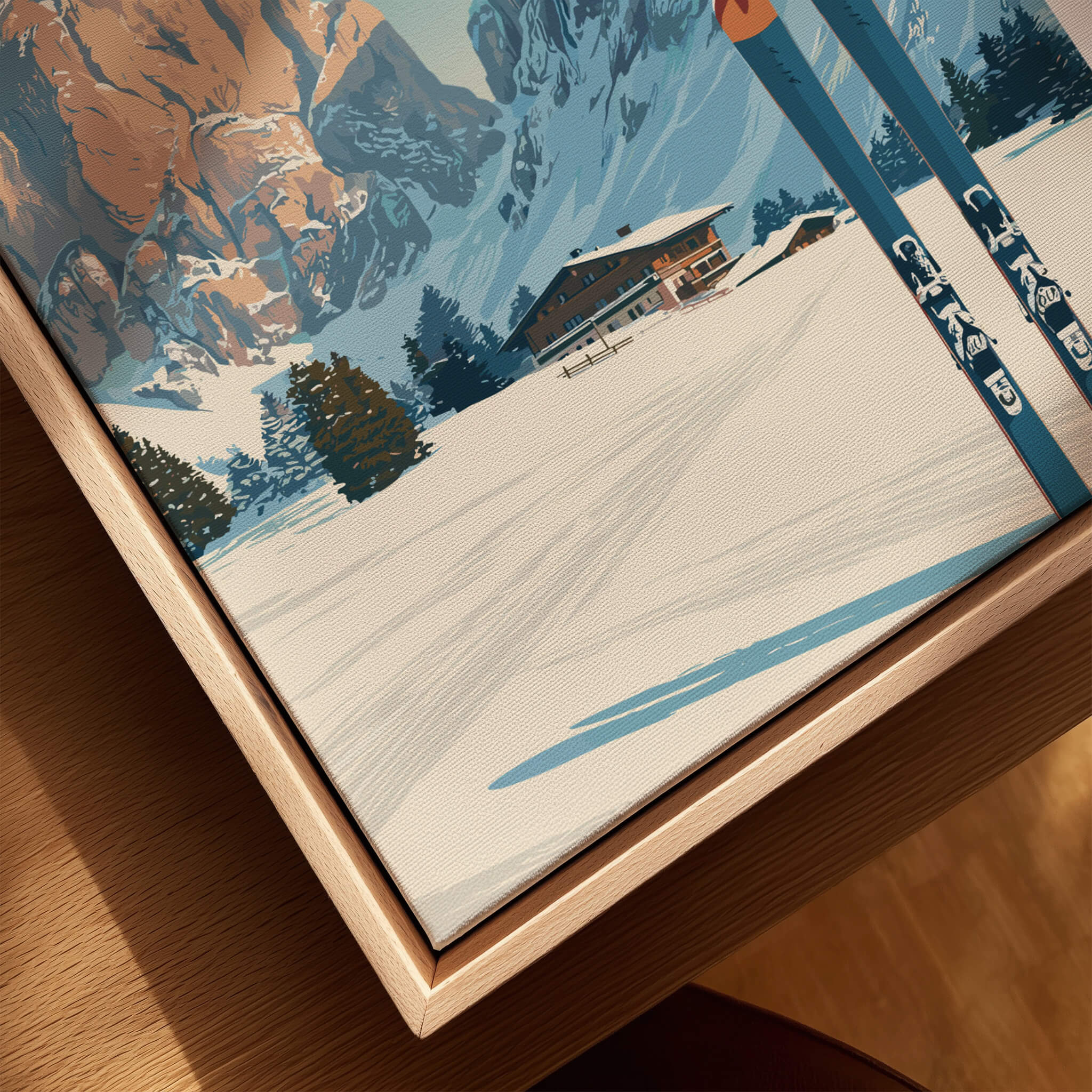 Alta Badia Italy Ski Resort Print - Dolomites Skiing Poster artwork featuring a snowy landscape and wooden cabin.