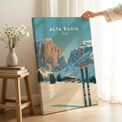 Alta Badia Italy Ski Resort Print - Dolomites Skiing Poster featuring an alpine landscape and skiing scene.