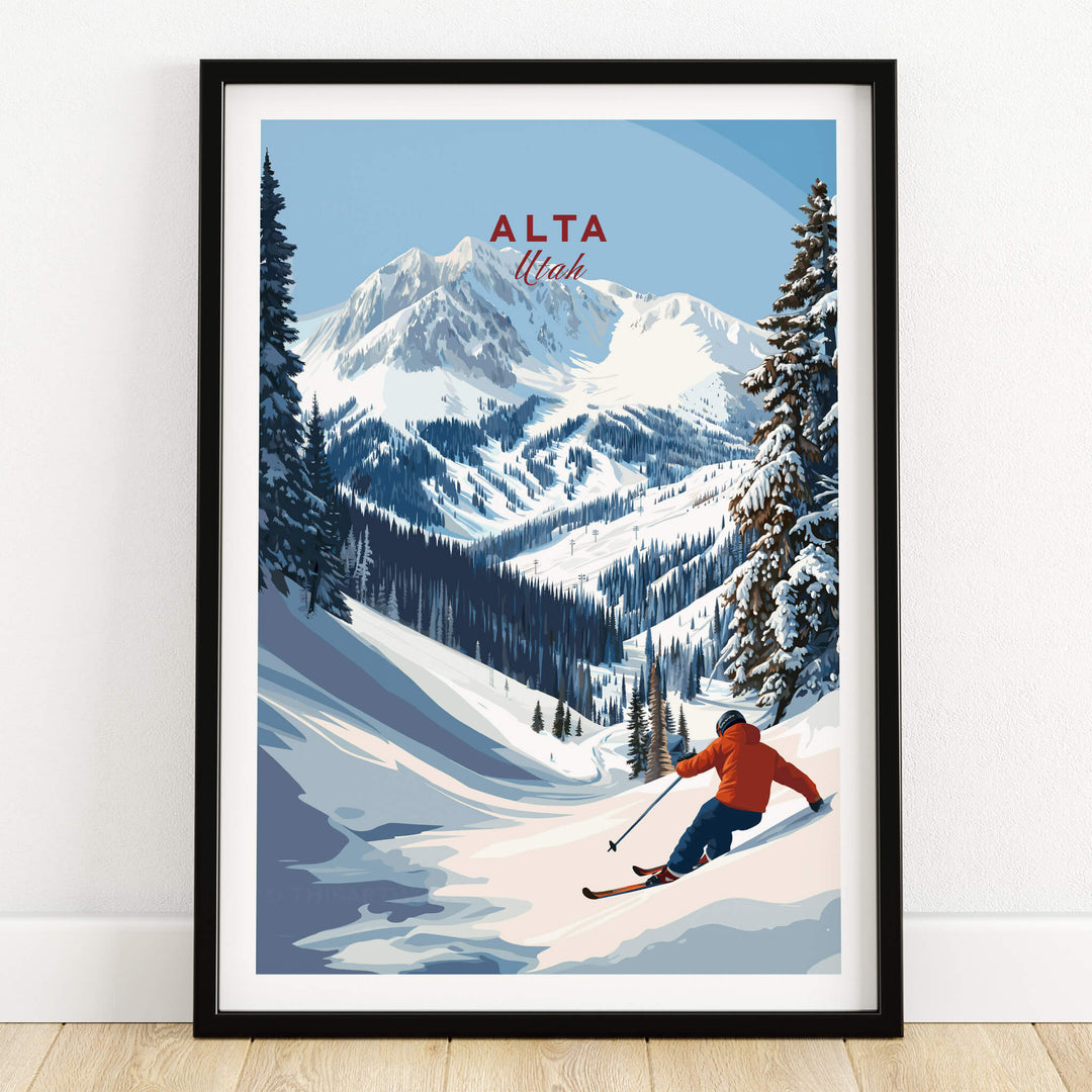 Alta Utah Ski Poster - Powder Snow Mountain Wall Art featuring a skier on powder snow mountains.