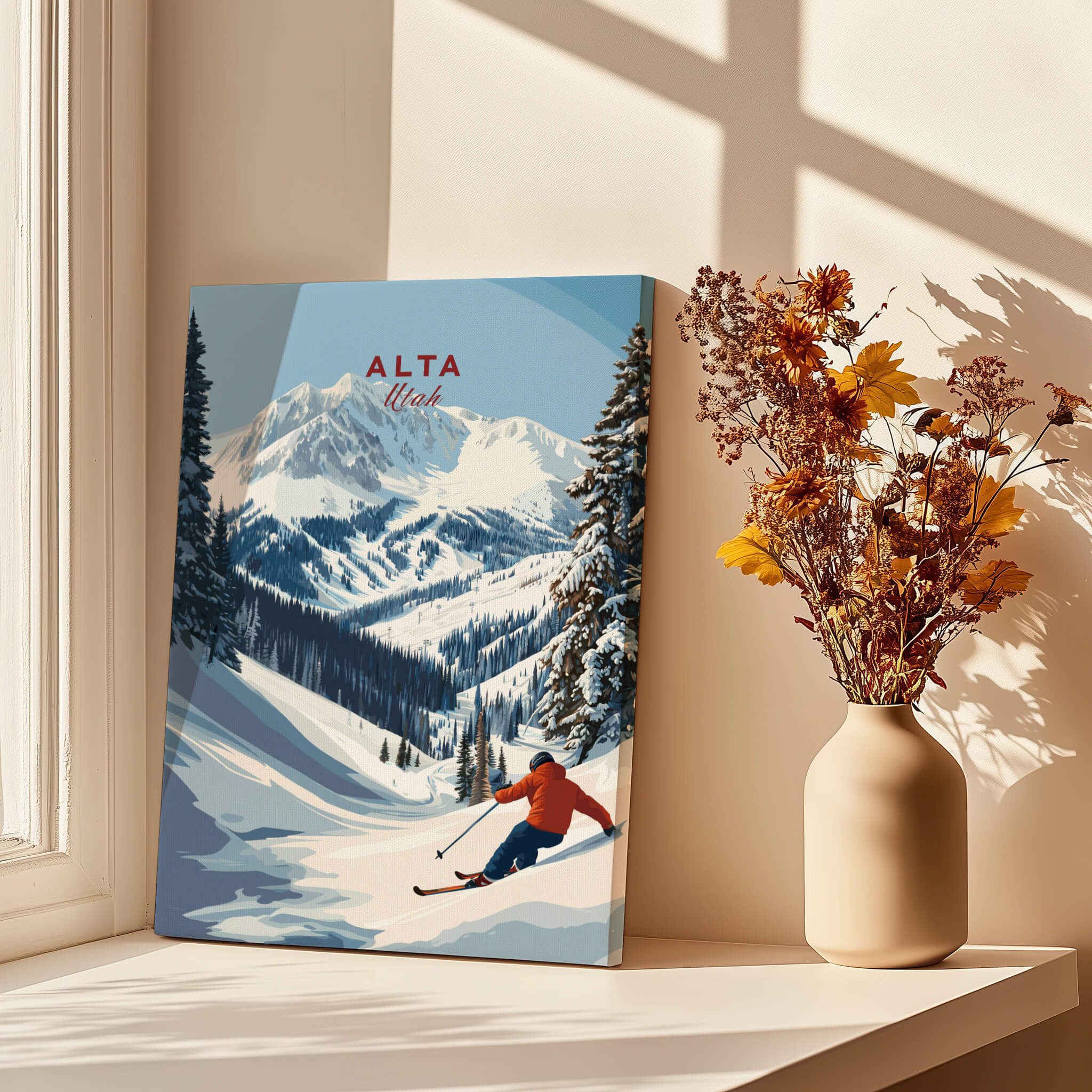 Alta Utah Ski Poster - Powder Snow Mountain Wall Art showcasing a skier against a stunning mountain backdrop.
