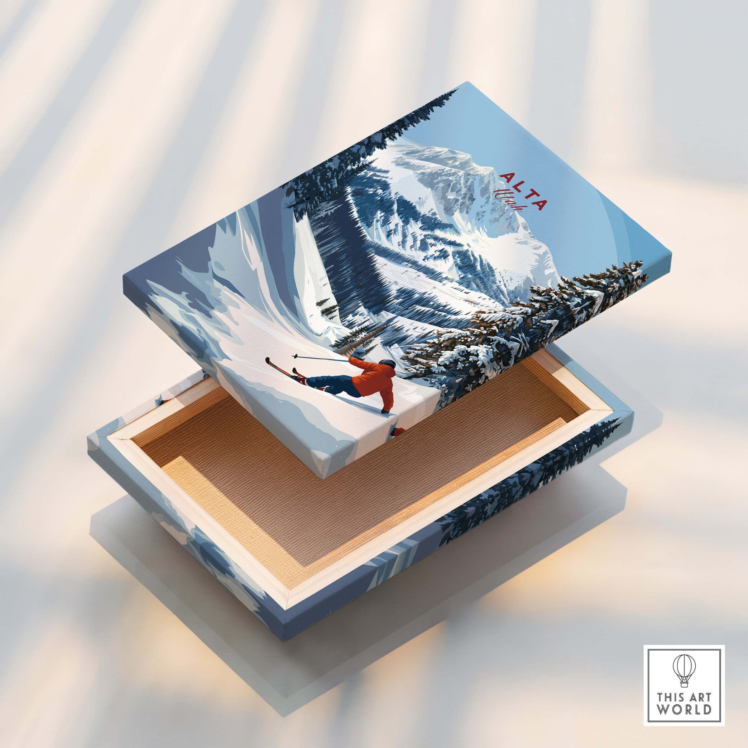 Alta Utah Ski Poster - Powder Snow Mountain Wall Art featuring a skier against a stunning snowy mountain backdrop.
