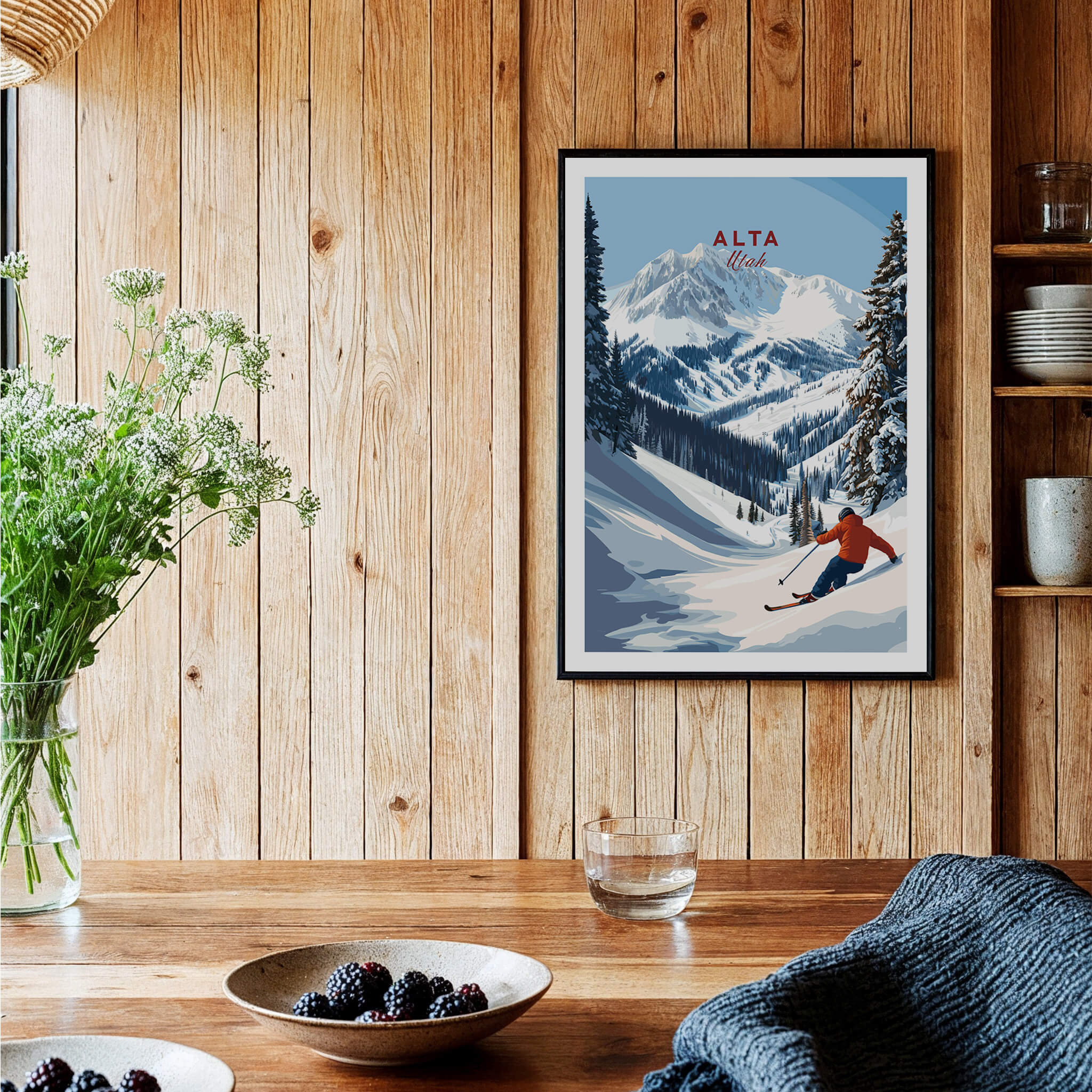 Alta Utah Ski Poster - Powder Snow Mountain Wall Art displayed in a rustic setting with a skier and mountain backdrop.