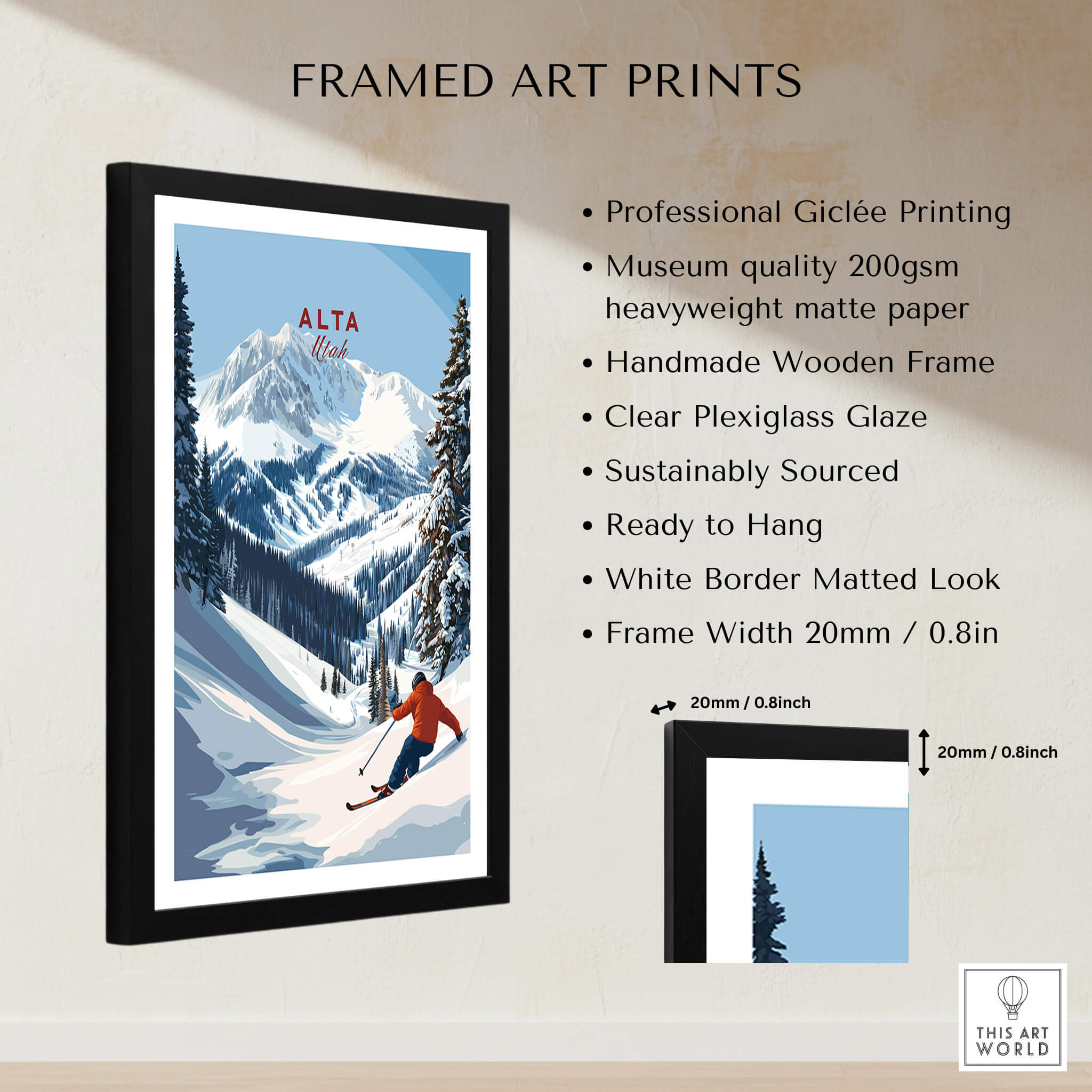 Alta Utah Ski Poster - Powder Snow Mountain Wall Art framed print showcasing stunning winter scenery.