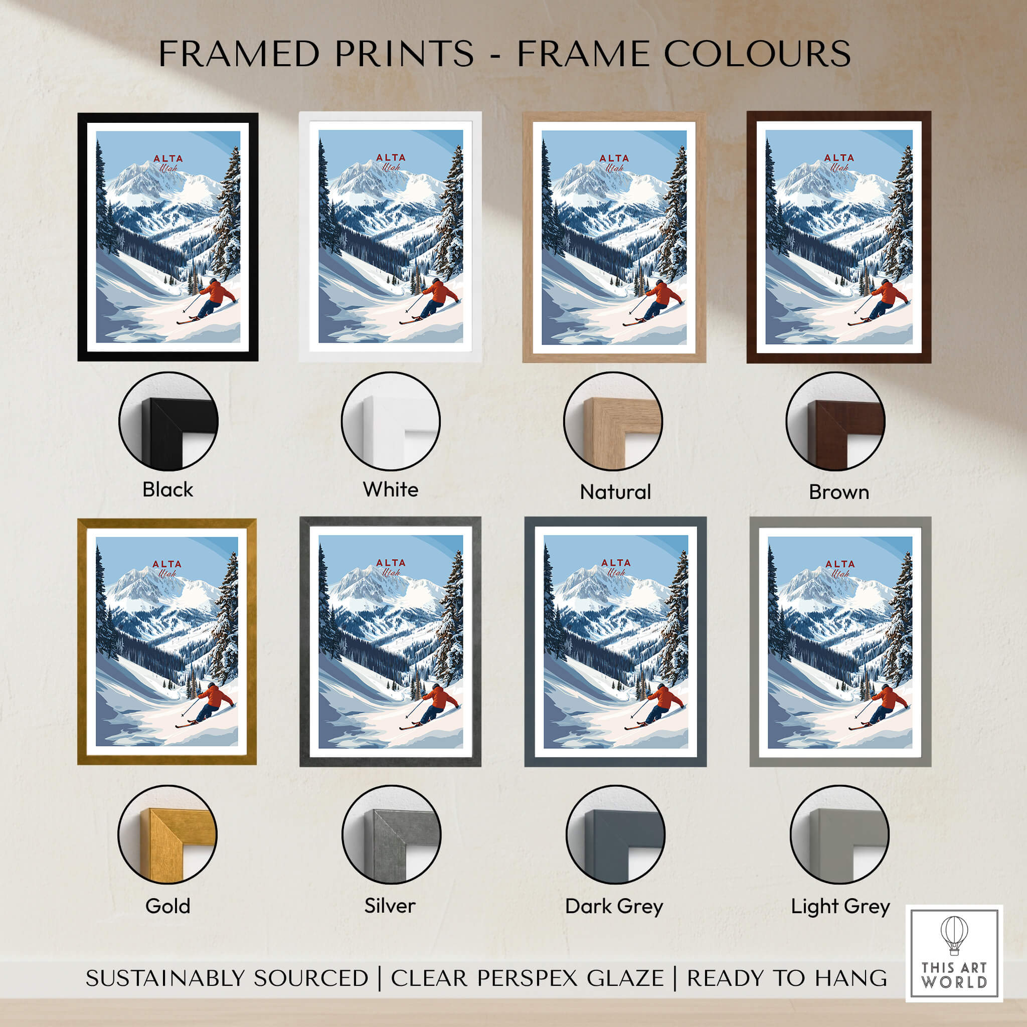 Alta Utah Ski Poster - Powder Snow Mountain Wall Art framed prints in various colors including black, white, natural, and brown.