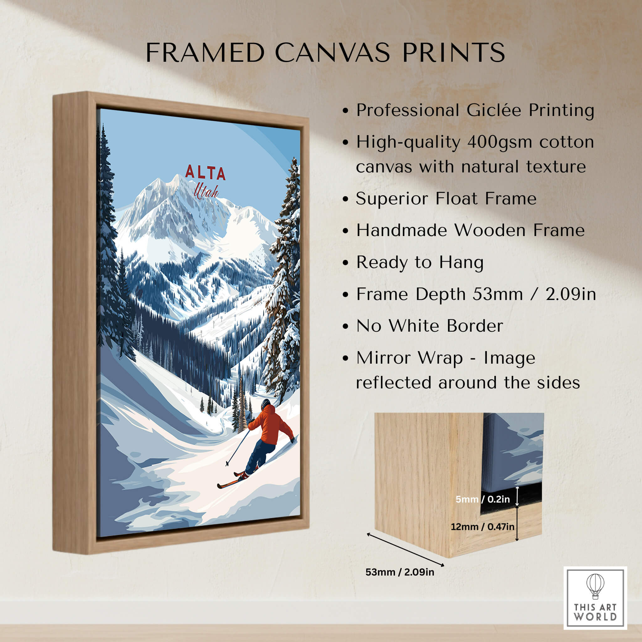Alta Utah Ski Poster - Powder Snow Mountain Wall Art framed in a wooden frame, showcasing stunning mountain scenery.