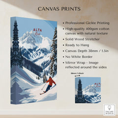 Alta Utah Ski Poster - Powder Snow Mountain Wall Art featuring stunning snow-capped mountains and a skier.