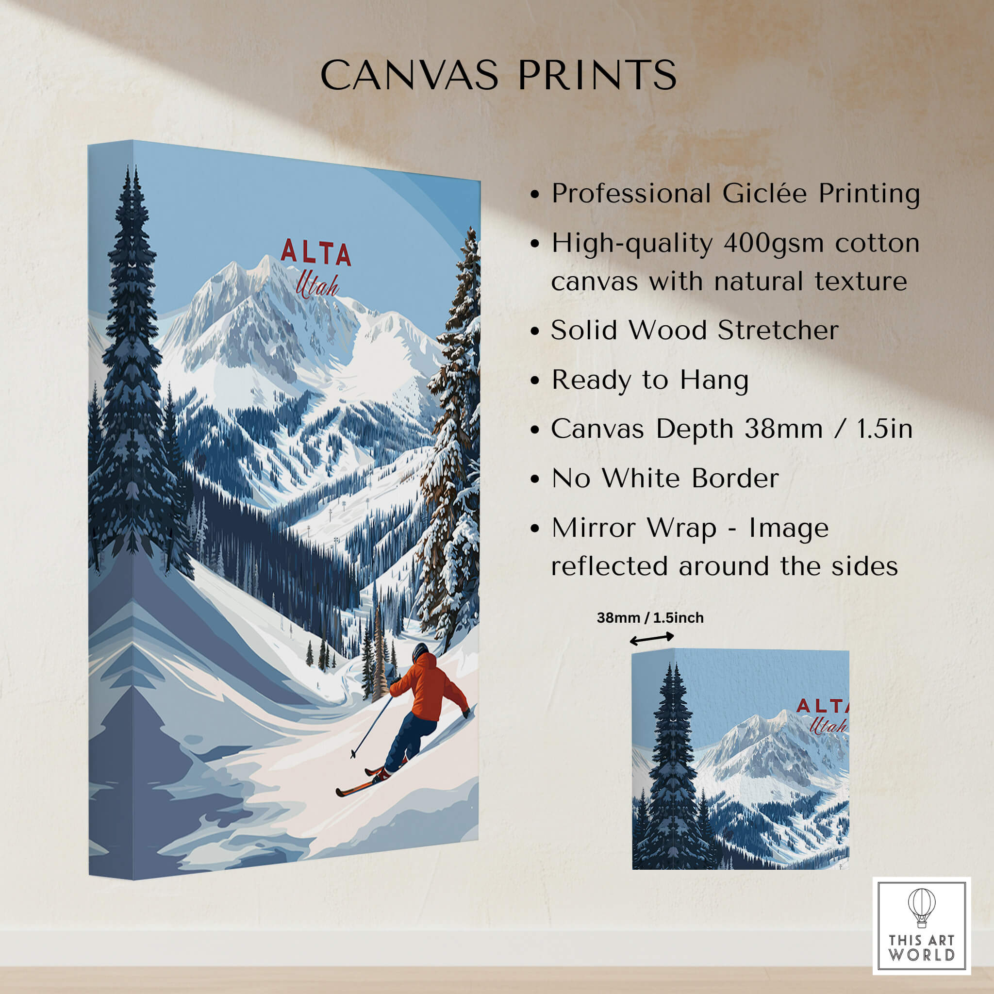 Alta Utah Ski Poster - Powder Snow Mountain Wall Art featuring stunning snow-capped mountains and a skier.