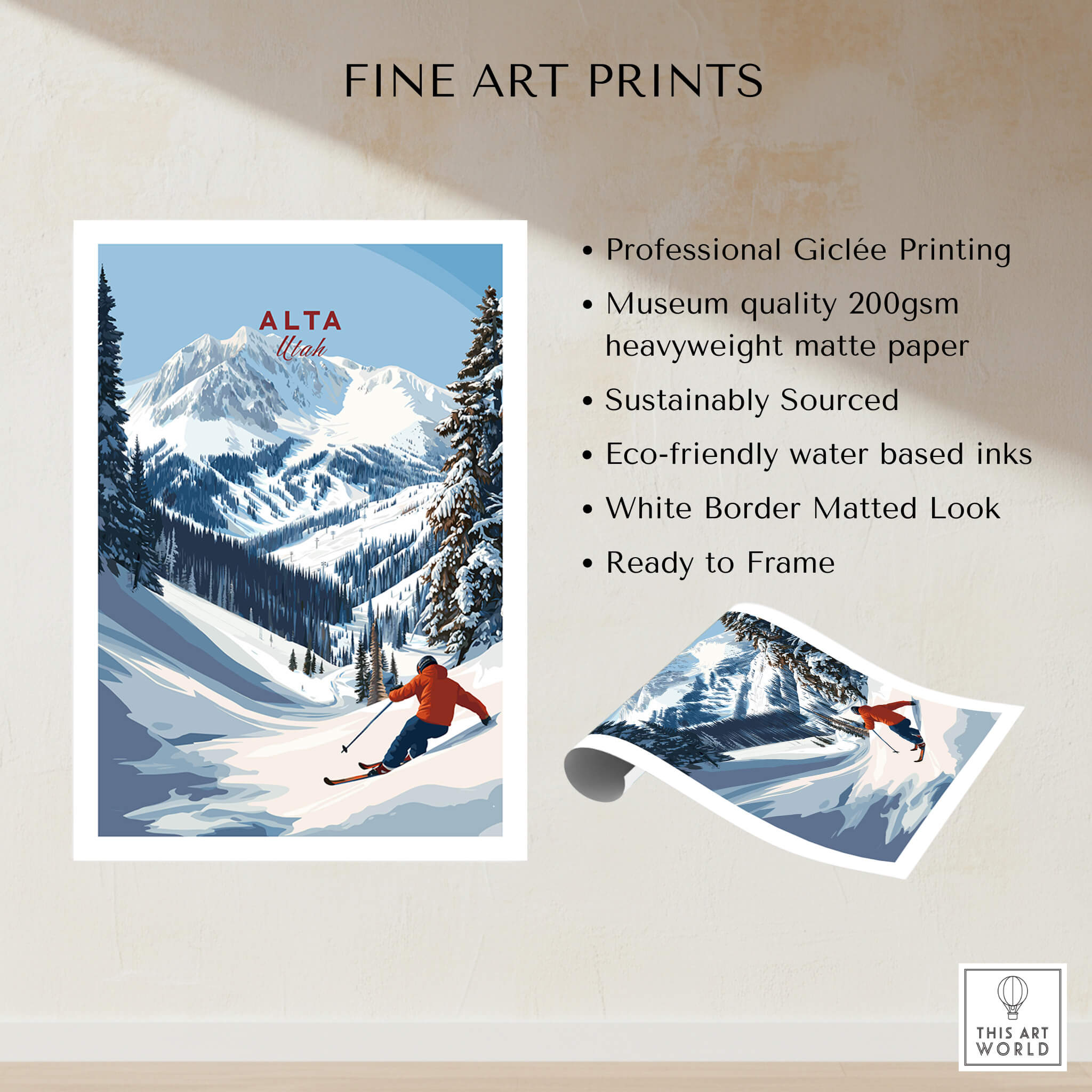 Alta Utah Ski Poster - Powder Snow Mountain Wall Art featuring a skier in a beautiful mountain landscape.
