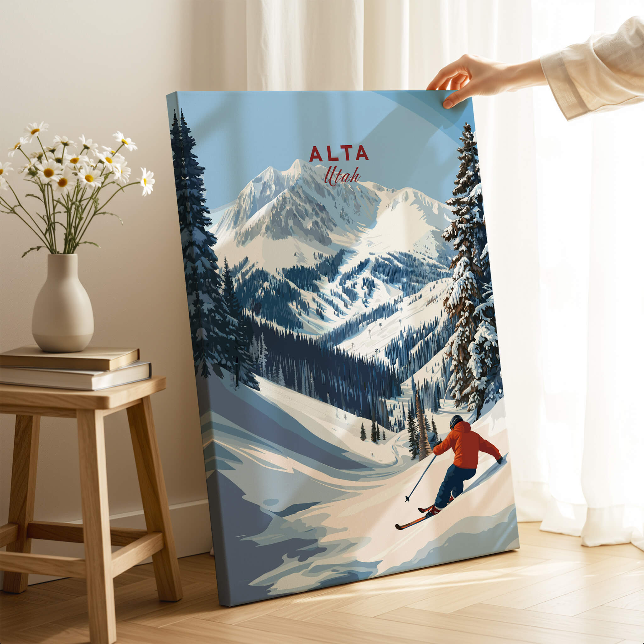 Alta Utah Ski Poster - Powder Snow Mountain Wall Art featuring a skier in a snowy mountain landscape.