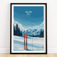 Alta Utah Skis in Snow Print - Scenic Ski Resort Wall Art depicting vibrant skis in a snowy landscape with mountains.