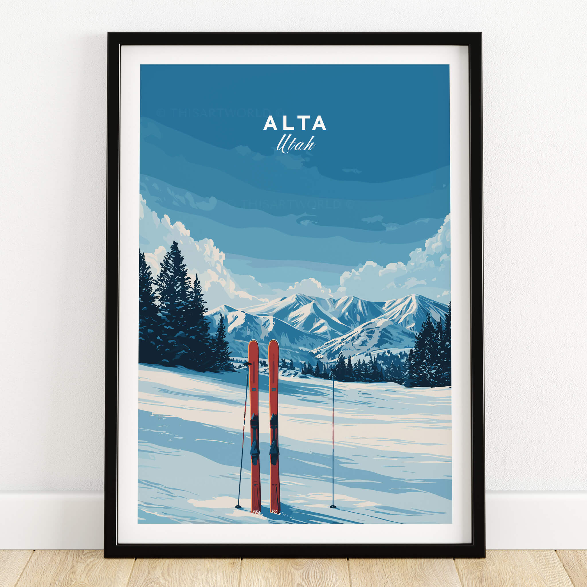 Alta Utah Skis in Snow Print - Scenic Ski Resort Wall Art depicting vibrant skis in a snowy landscape with mountains.