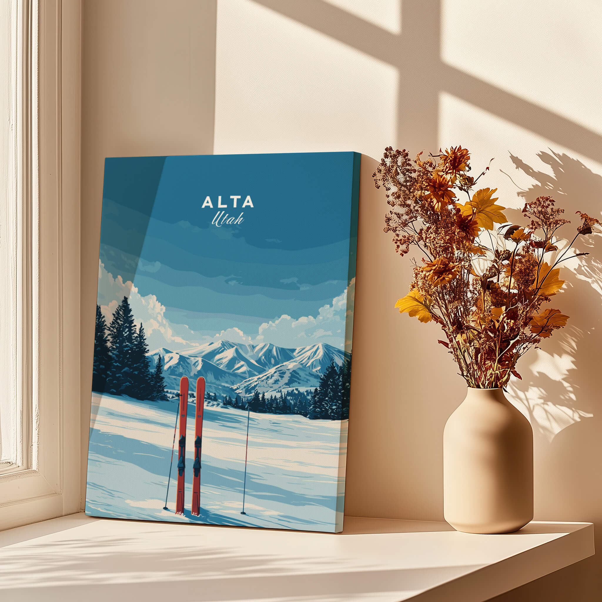 Alta Utah Skis in Snow Print - Scenic Ski Resort Wall Art displayed next to flowers in a sunny interior.
