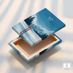 Alta Utah Skis in Snow Print - Scenic Ski Resort Wall Art on a decorative box with mountain design.