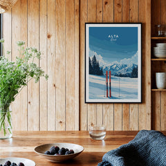 Alta Utah Skis in Snow Print - Scenic Ski Resort Wall Art featuring skis in fresh powder as a backdrop.