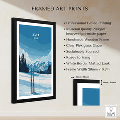 Alta Utah Skis in Snow Print - Scenic Ski Resort Wall Art showcasing framed print with skis against snowy mountains.