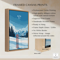 Alta Utah Skis in Snow Print - Scenic Ski Resort Wall Art framed print displayed on a wall with snowy mountain background.