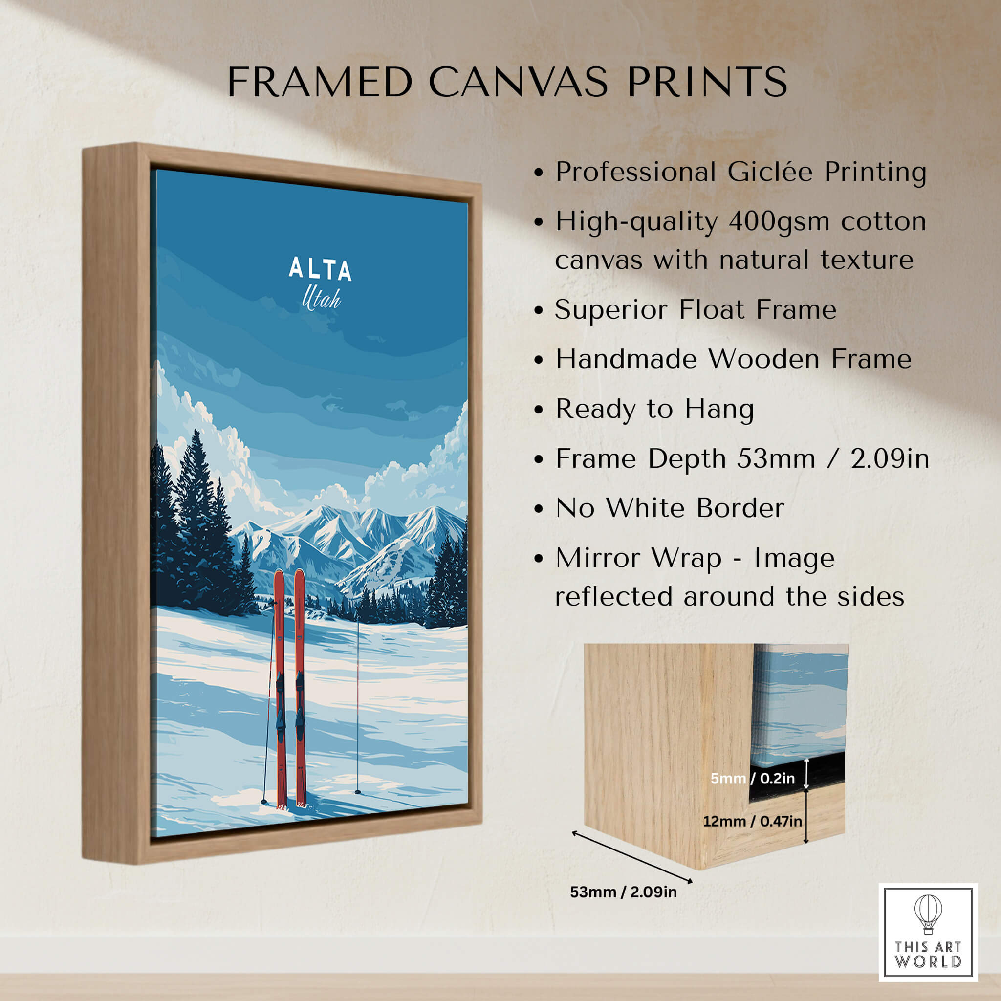 Alta Utah Skis in Snow Print - Scenic Ski Resort Wall Art framed print displayed on a wall with snowy mountain background.