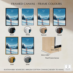 Framed canvas options for Alta Utah Skis in Snow Print - Scenic Ski Resort Wall Art with color choices.