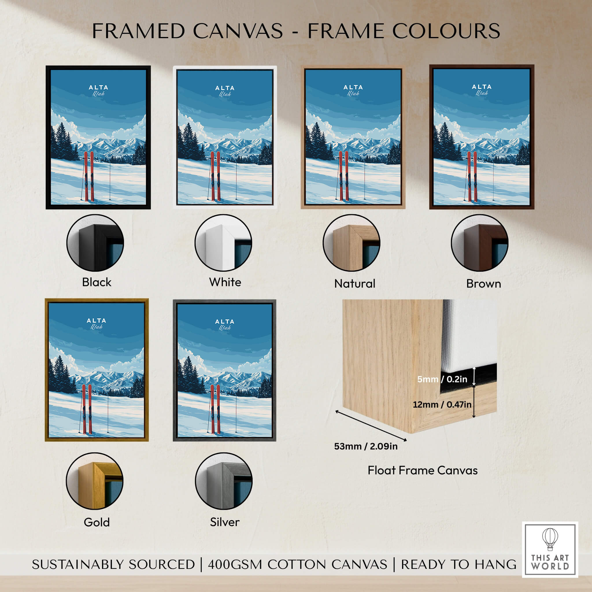 Framed canvas options for Alta Utah Skis in Snow Print - Scenic Ski Resort Wall Art with color choices.