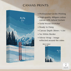 Alta Utah Skis in Snow Print - Scenic Ski Resort Wall Art showcasing skis against a mountain backdrop on canvas.
