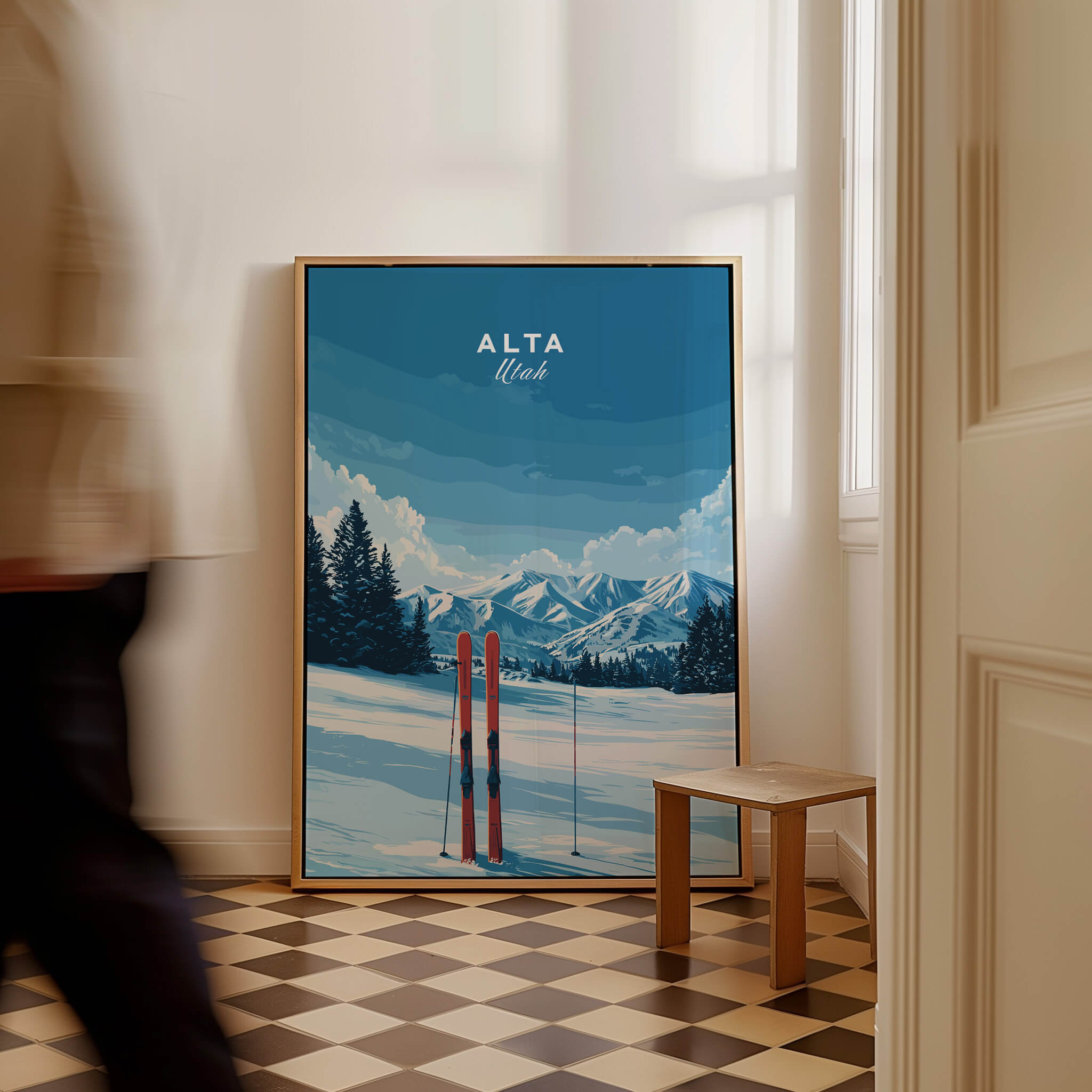 Alta Utah Skis in Snow Print - Scenic Ski Resort Wall Art displayed in a stylish interior.