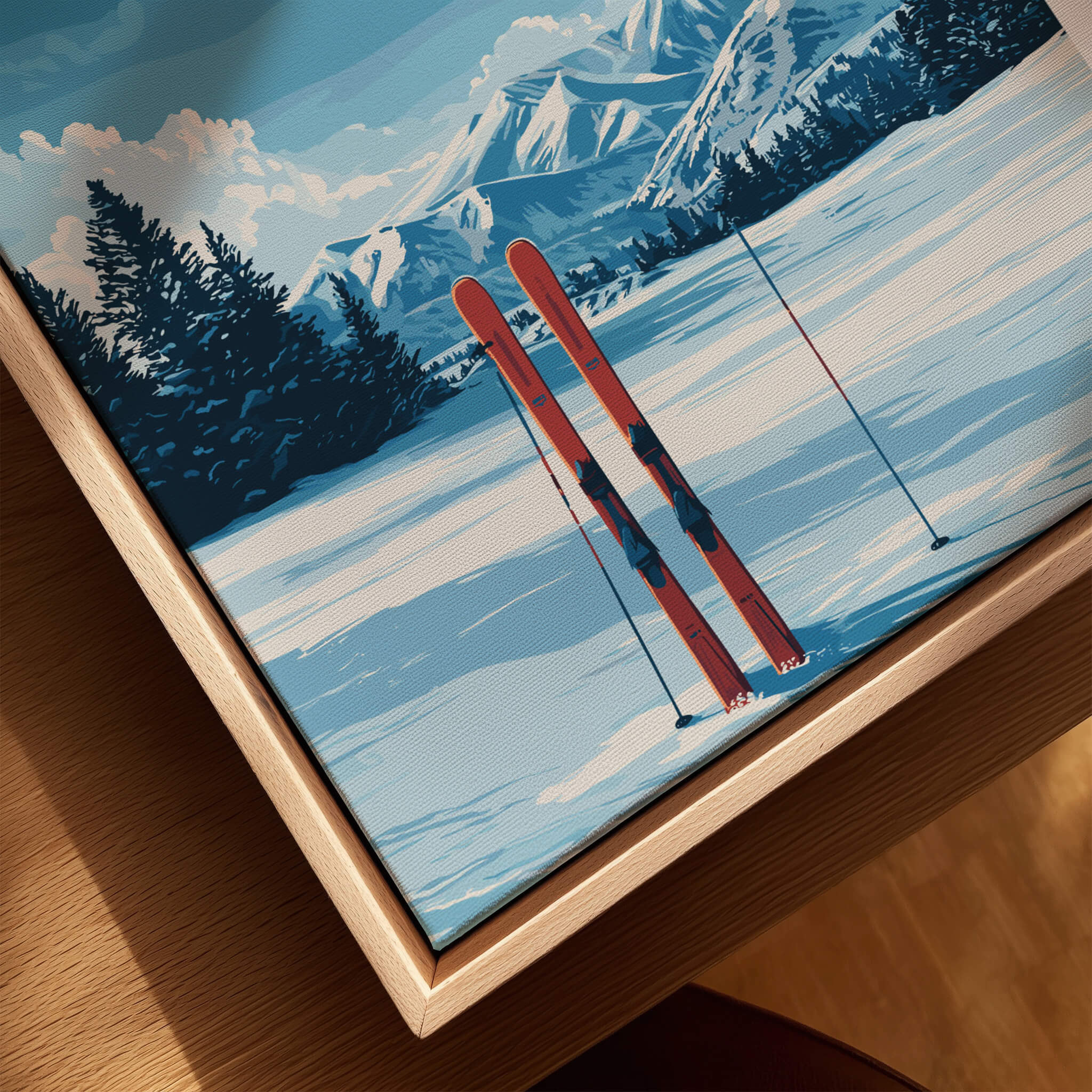Alta Utah Skis in Snow Print - Scenic Ski Resort Wall Art featuring skis in fresh powder and snowy mountains.