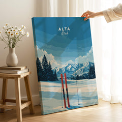 Alta Utah Skis in Snow Print - Scenic Ski Resort Wall Art featuring skis in fresh powder and a mountain backdrop.