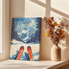 Alta Utah Ski View from Slopes Print - Panoramic Mountain Wall Art displayed indoors next to a vase of flowers.