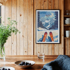 Alta Utah Ski View from Slopes Print - Panoramic Mountain Wall Art displayed in a cozy dining area with wooden decor.
