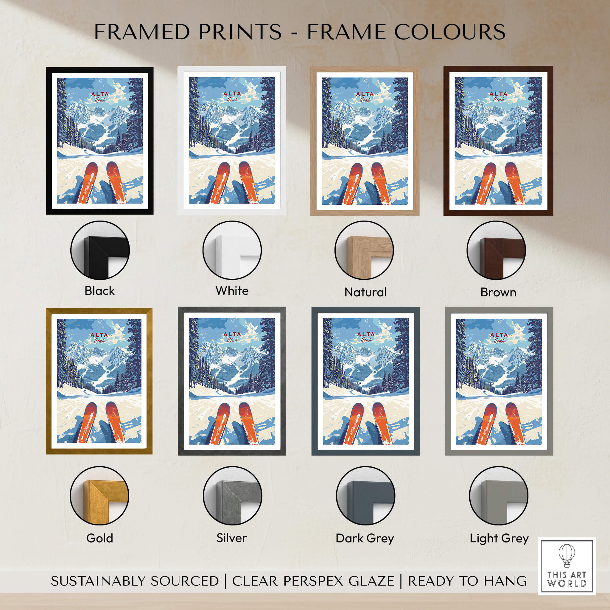 Framed prints showcasing frame colour options for Alta Utah Ski View from Slopes Print - Panoramic Mountain Wall Art.