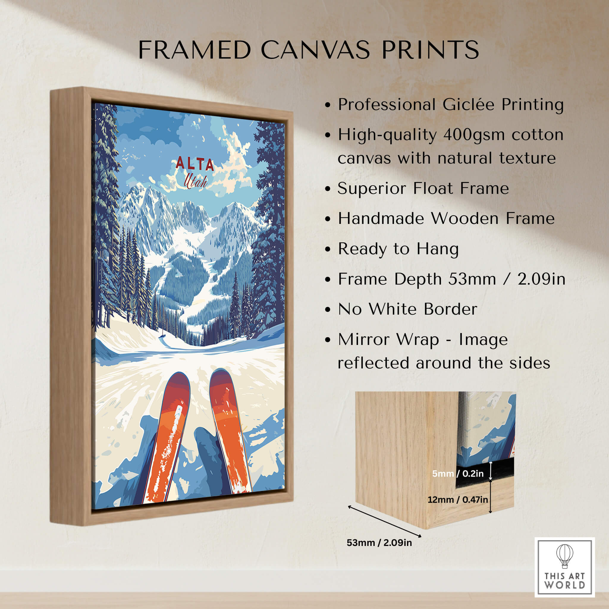 Alta Utah Ski View from Slopes Print - Panoramic Mountain Wall Art framed canvas print showcasing snowy slopes.