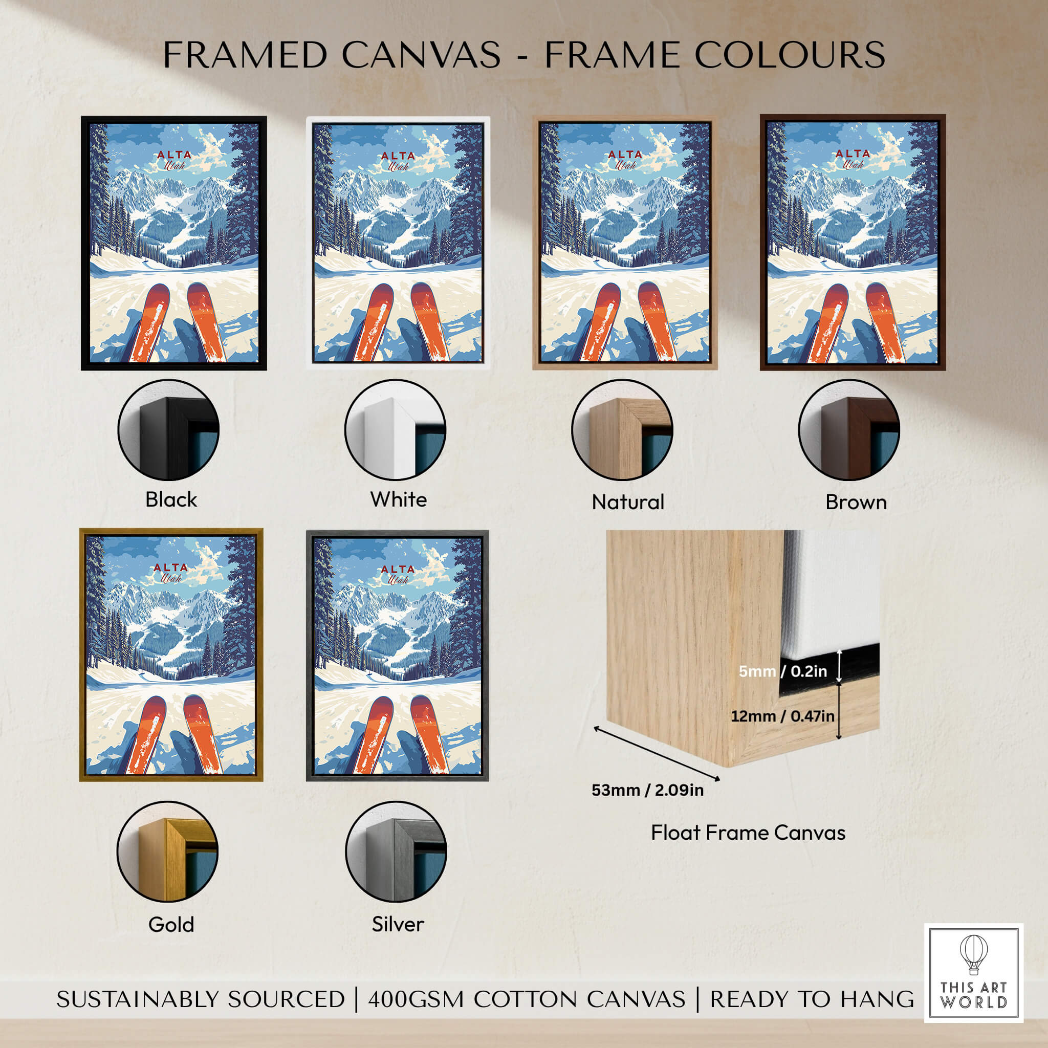 Alta Utah Ski View from Slopes Print - Panoramic Mountain Wall Art framed canvas color options display.