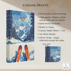 Alta Utah Ski View from Slopes Print - Panoramic Mountain Wall Art showcasing ski equipment and snowy mountains.