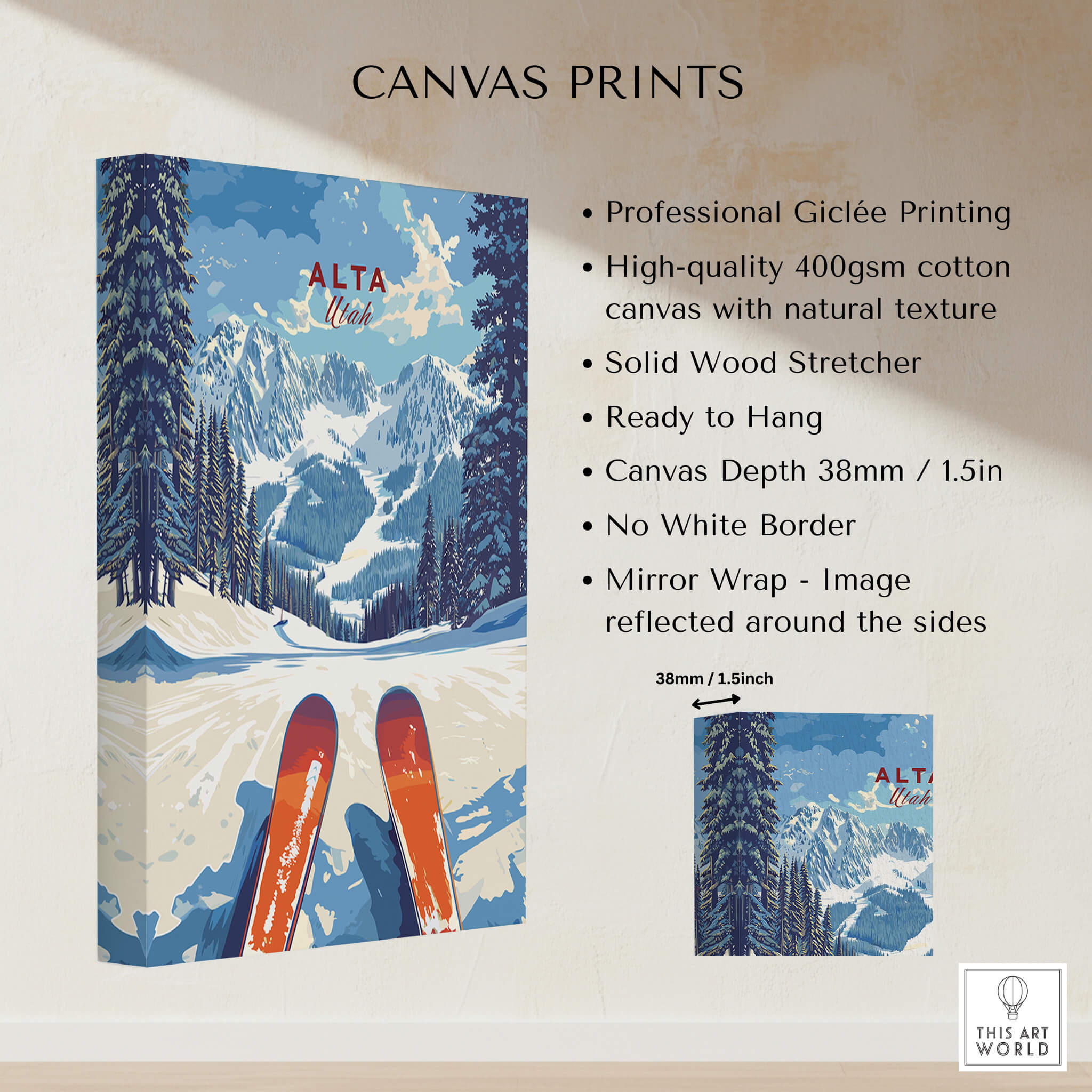 Alta Utah Ski View from Slopes Print - Panoramic Mountain Wall Art showcasing ski equipment and snowy mountains.