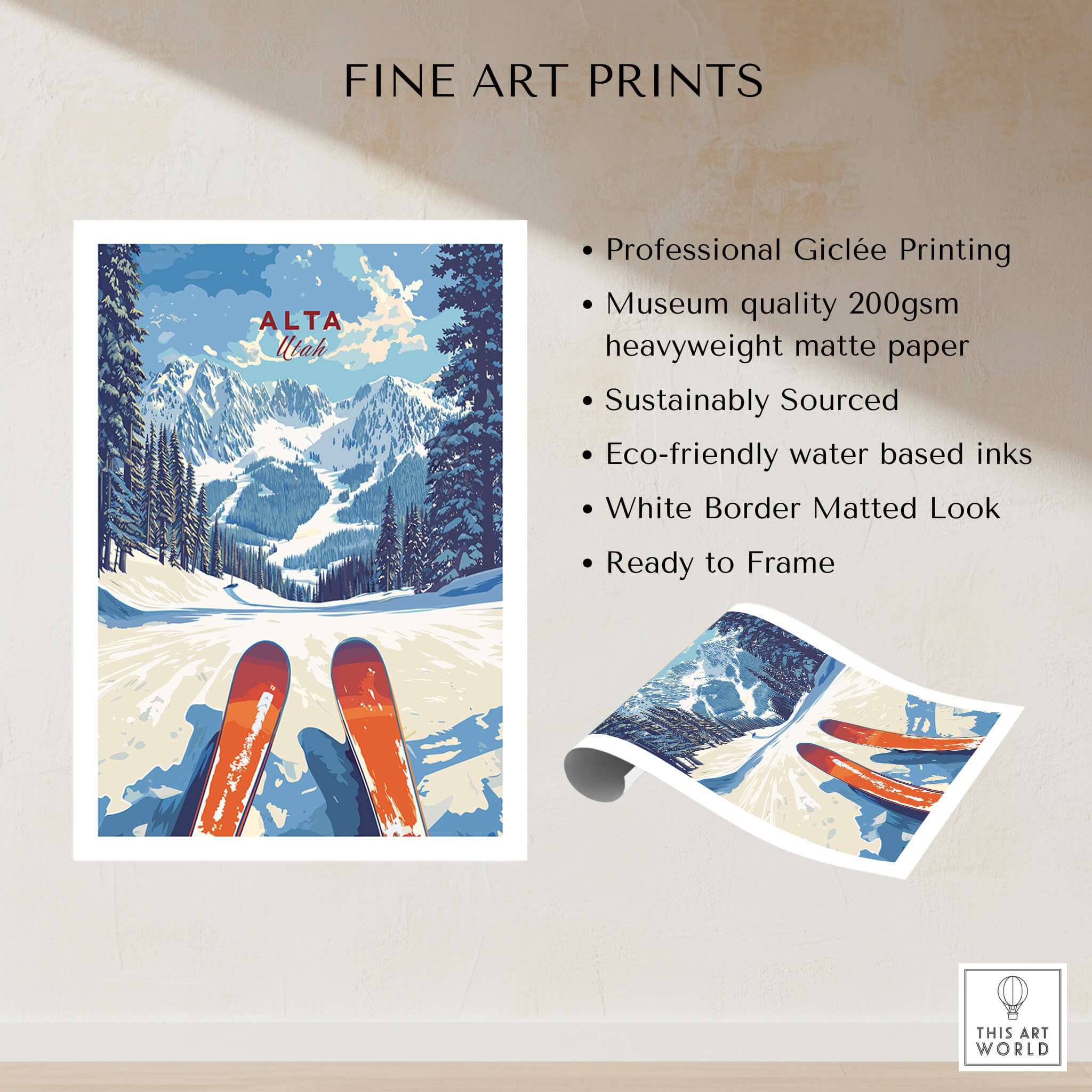 Alta Utah Ski View from Slopes Print - Panoramic Mountain Wall Art showcasing snowy slopes and ski trails.