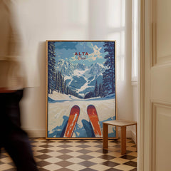 Alta Utah Ski View from Slopes Print - Panoramic Mountain Wall Art displayed in a cozy indoor setting.