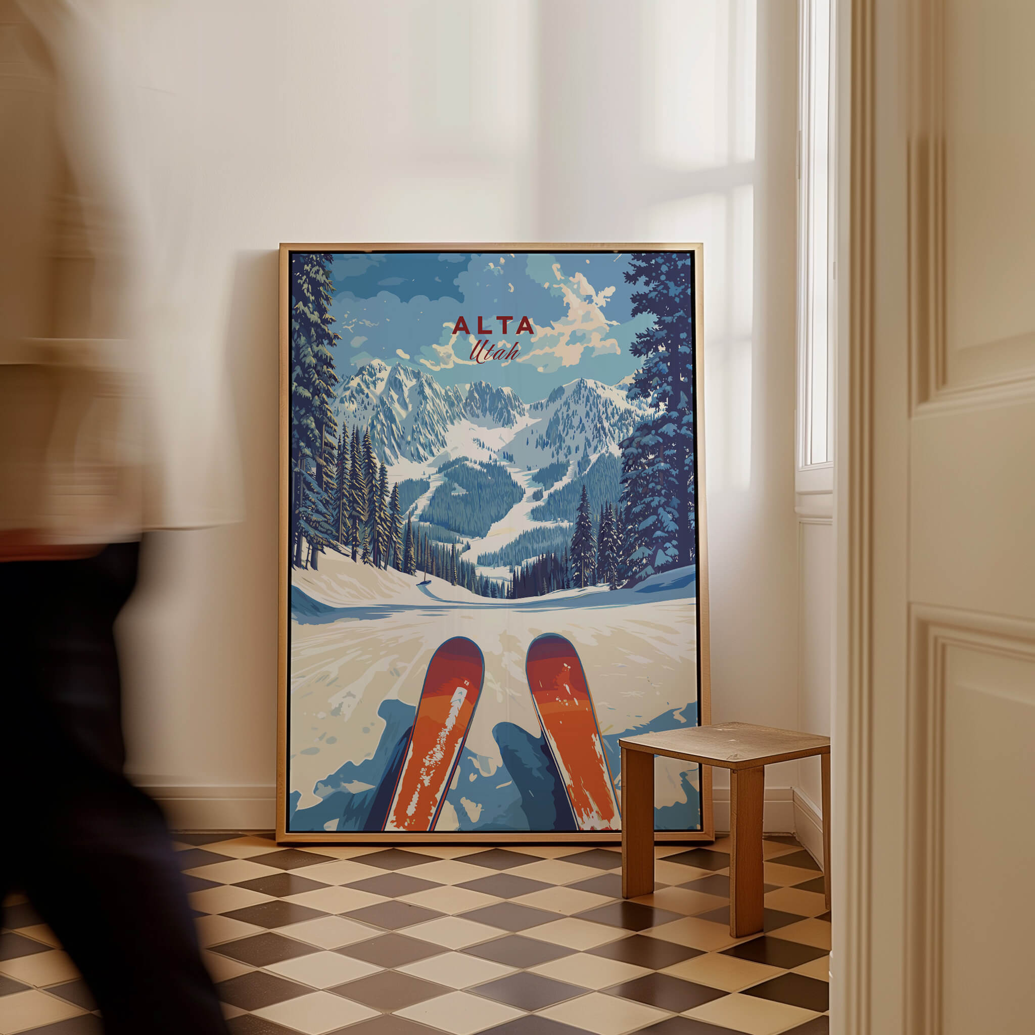 Alta Utah Ski View from Slopes Print - Panoramic Mountain Wall Art displayed in a cozy indoor setting.