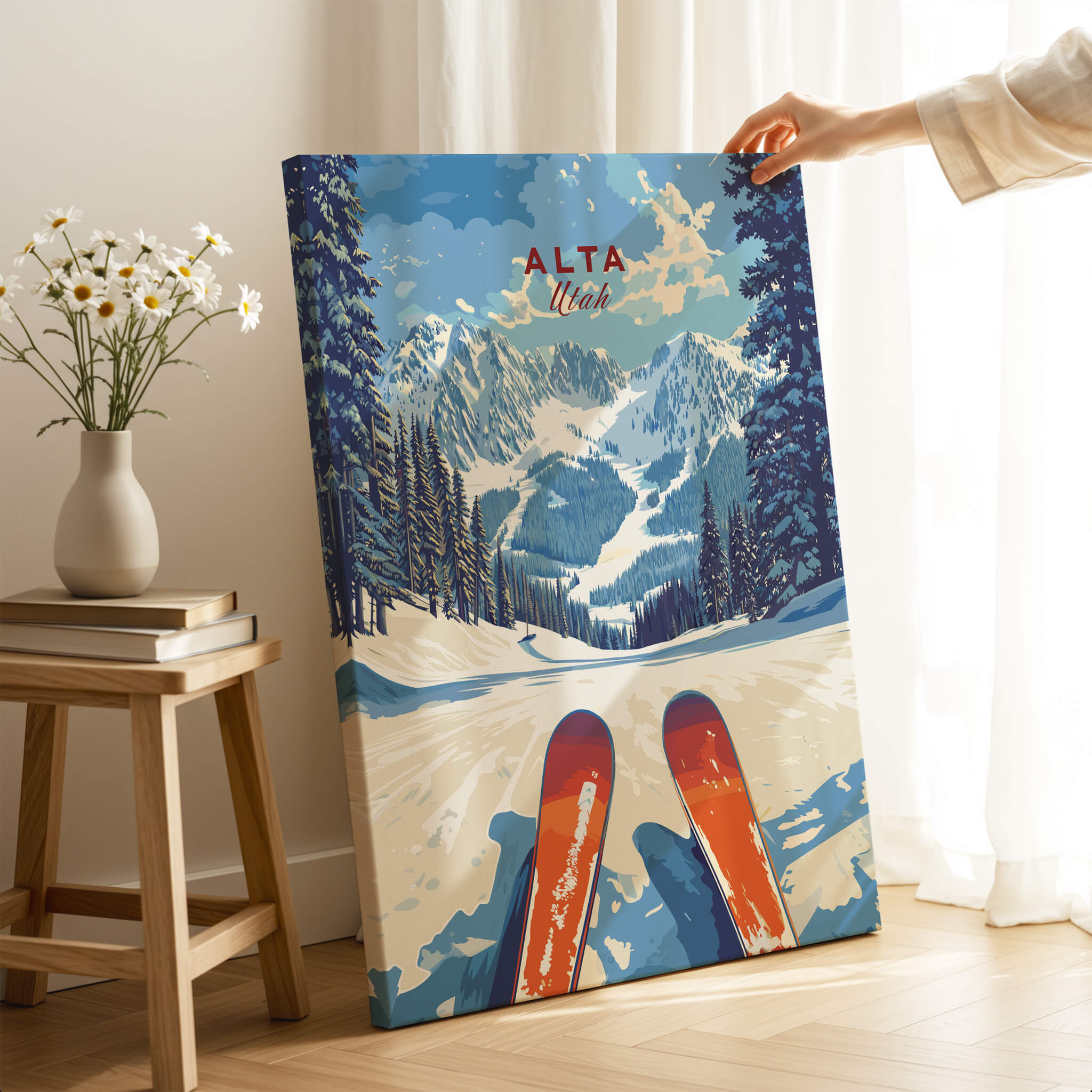 Alta Utah Ski View from Slopes Print - Panoramic Mountain Wall Art showcasing vibrant ski slopes and majestic mountains.