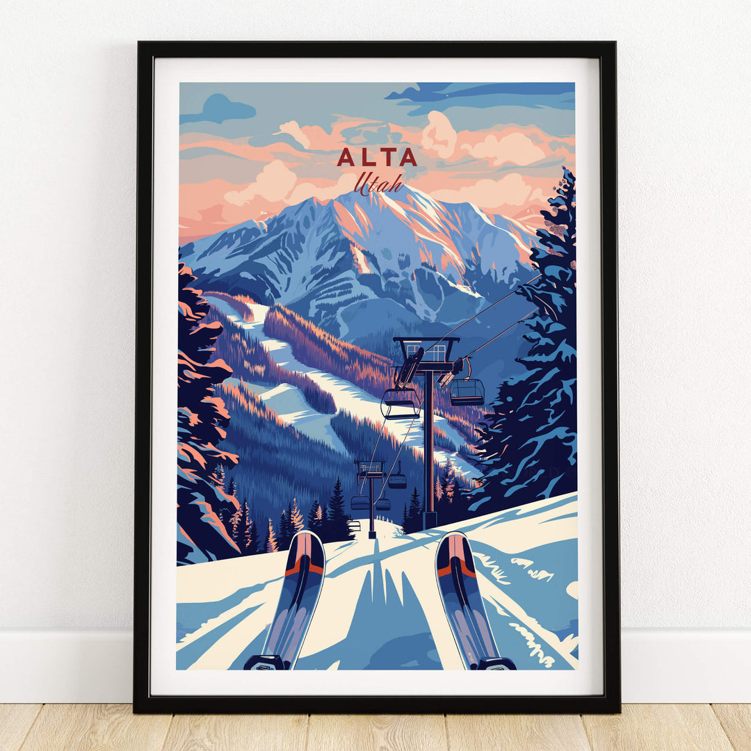 Alta Utah Ski Lift Mountain View Poster - Dramatic Sunset Wall Art featuring vibrant ski slopes and majestic mountains.