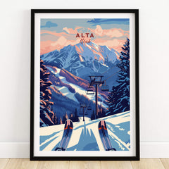 Alta Utah Ski Lift Mountain View Poster - Dramatic Sunset Wall Art featuring vibrant ski slopes and majestic mountains.