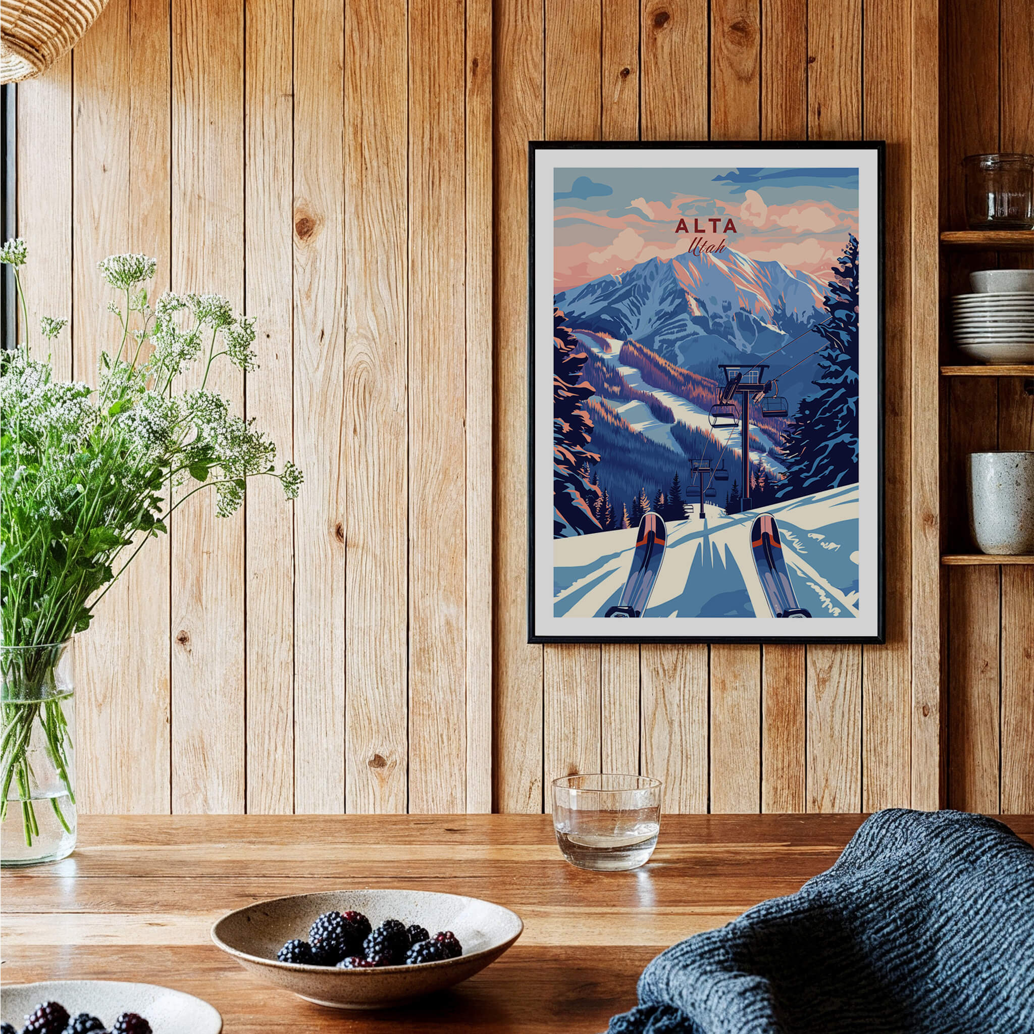 Alta Utah Ski Lift Mountain View Poster - Dramatic Sunset Wall Art displayed in a cozy wooden kitchen setting.