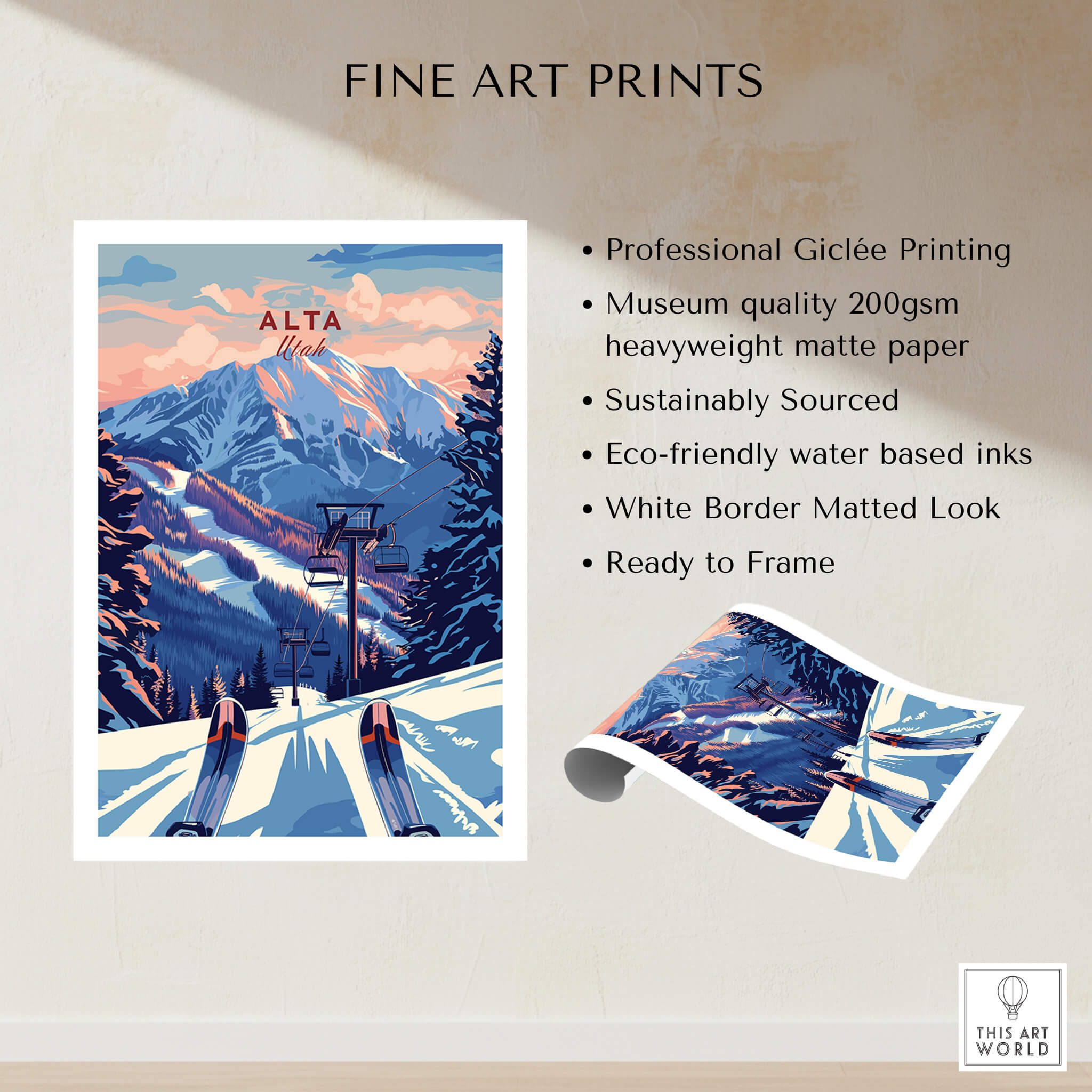Alta Utah Ski Lift Mountain View Poster - Dramatic Sunset Wall Art displayed with fine art print details.