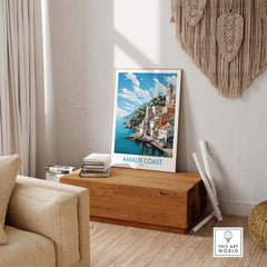 Amalfi Coast poster in modern decor, featuring a serene landscape and pastel colors enhancing the interior space.