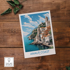 Amalfi Coast travel poster featuring a vibrant landscape and pastel colors, perfect for modern decor.