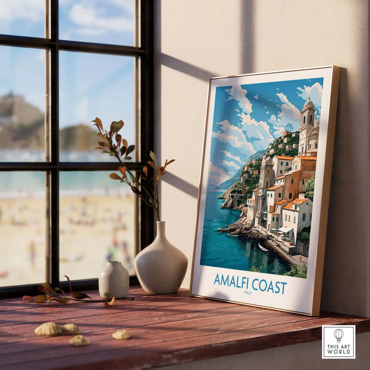 Amalfi Coast poster in a modern frame, showcasing pastel colors and coastal scenery, perfect for home decor.